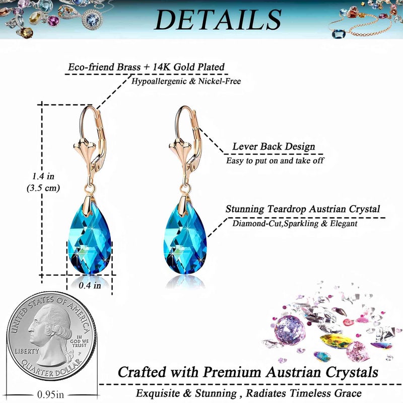 EVEVIC Austrian Crystal Teardrop Leverback Dangle Earrings for Women Fashion 14K Gold Plated Hypoallergenic Jewelry (Bermuda Blue) - Image 4